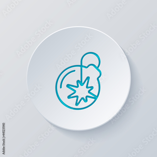 Bomb with fuse, simple icon. Cut circle with gray and blue layers. Paper style