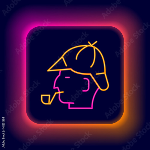Glowing neon line Sherlock Holmes with smoking pipe icon isolated on black background. Detective. Colorful outline concept. Vector