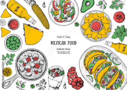 Mexican food top view frame. A set of mexican dishes with quesadillas, burritos, nachos, fajitas. Food menu design template.Vintage hand drawn sketch vector illustration.Mexican cuisine engraved image