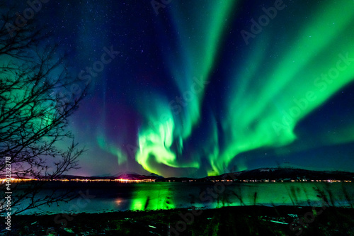 Nordlichter über dem Fjord in Troms bei Tromsö. Aurora Borealis in the sky, heavenly light in the dark night. the lady dance in the sky. Polarlicht, Nordlicht in Norwegen © Dieter