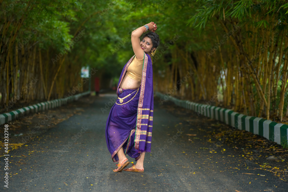 Indian Traditional Beautiful young girl in saree posing outdoors Stock ...