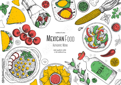 Mexican food top view frame. A set of mexican dishes with pozole, quesadillas, tacos, burrito. Food menu design template. Vintage hand drawn sketch vector illustration. Mexican cuisine engraved image. photo