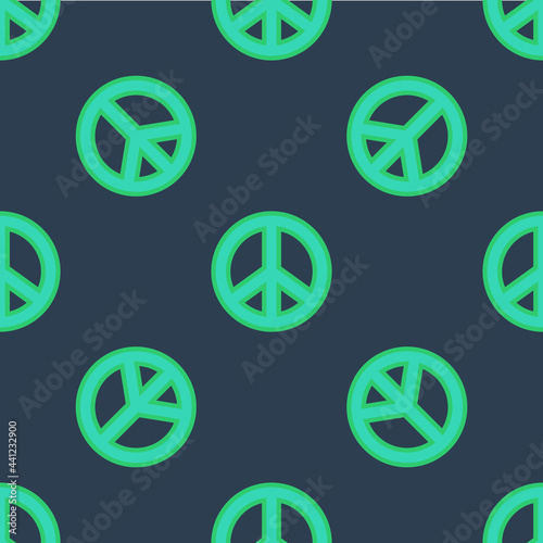 Line Peace icon isolated seamless pattern on blue background. Hippie symbol of peace. Vector