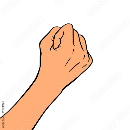 Female threatening hand fist on a white background. Protest or threat gesture. Cartoon vector illustration hand drawn