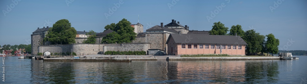 South side sea view façade of the old Vaxholm fortress in the archipelago of Stockholm