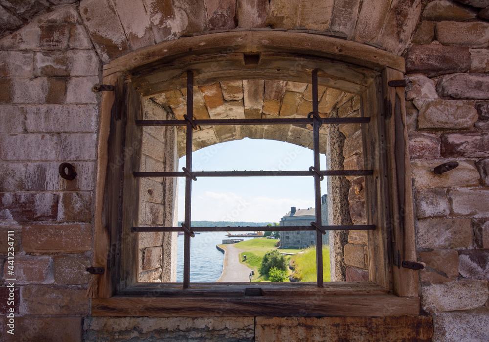 Fototapeta premium Old opening in the wall of the old Vaxholm fortress in the archipelago of Stockholm