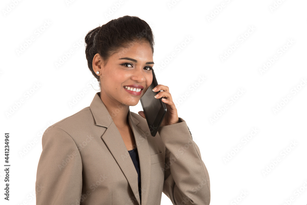 happy business woman talking on the mobile phone or smartphone isolated on white background happy business woman talking on the mobile phone or smartphone isolated on white background