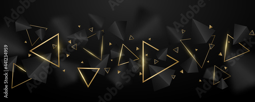 Abstract, geometric background. 3d, black and golden triangles. Elegant wallpaper design for template, cover or banner. Decorative, polygonal shapes. Vector illustration