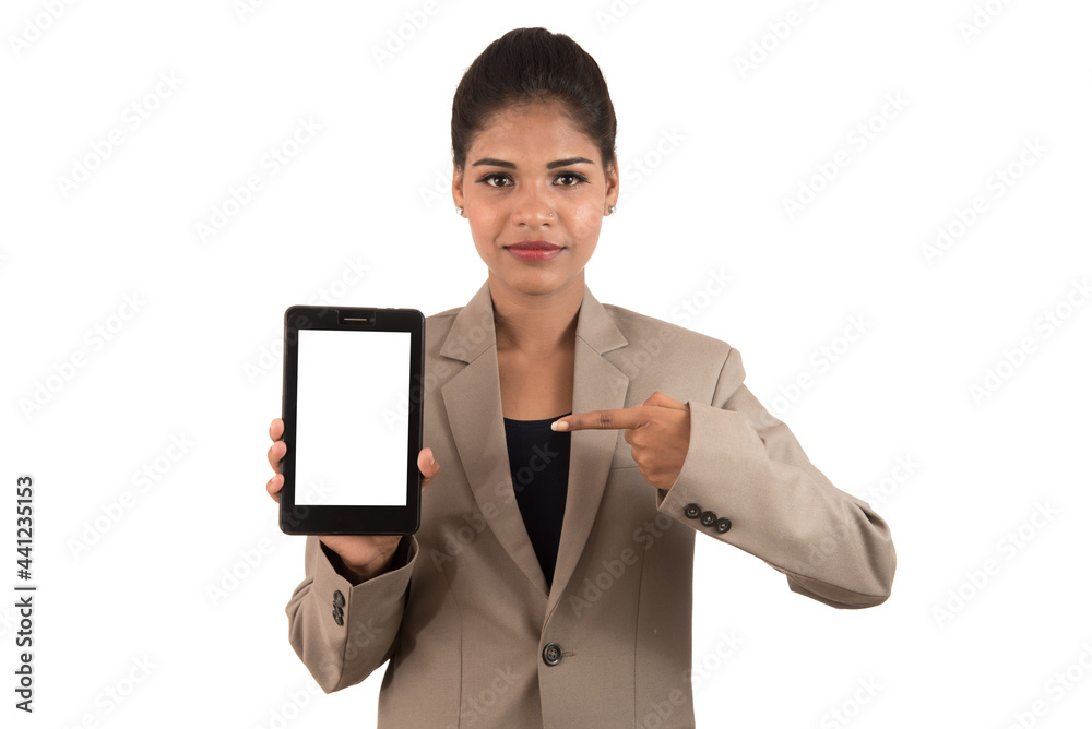 Young beautiful woman holding blank screen smart phone on white background Young beautiful woman holding blank screen smart phone on white background