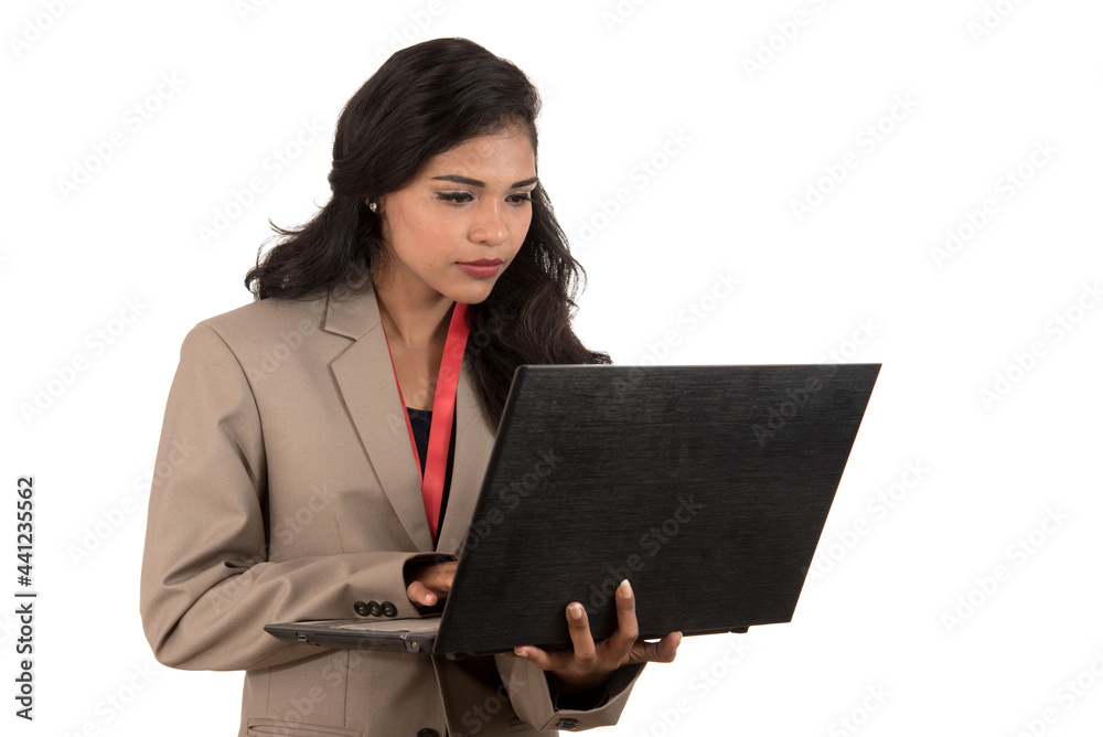 Young happy smiling woman holding laptop. Young happy smiling woman holding laptop.