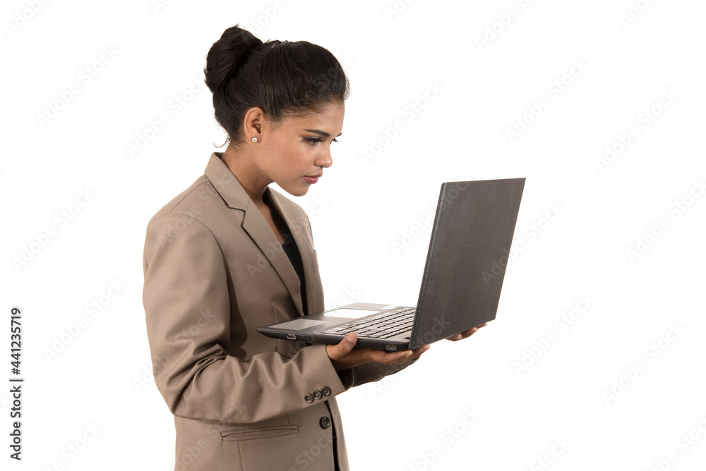 Young happy smiling woman holding laptop. Young happy smiling woman holding laptop.