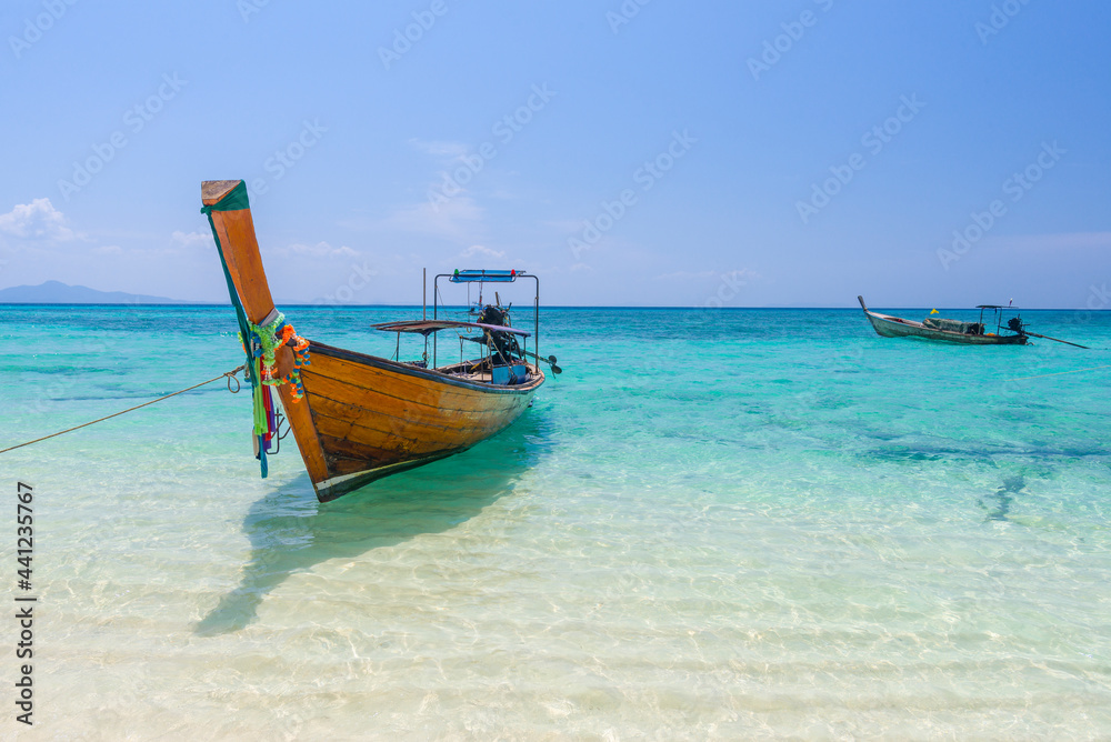 Long tail boats on Bamboo island near Phi-Phi islands, Thailand