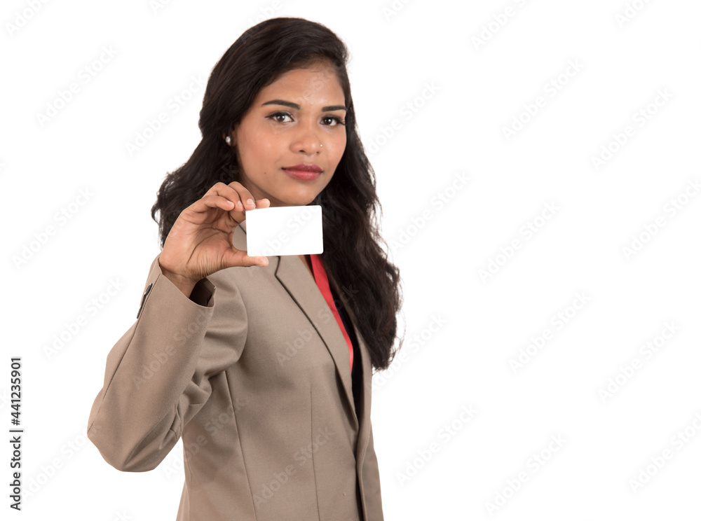 Smiling business woman holding a blank business card or ID card over white background Smiling business woman holding a blank business card or ID card over white background