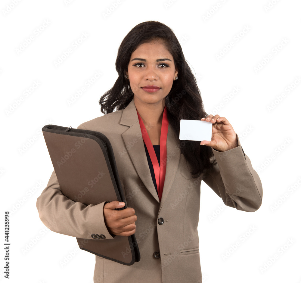 Smiling business woman holding a blank business card or ID card over white background
