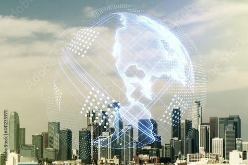 Double exposure of graphic America map hologram on Los Angeles office buildings background, big data and digital technology concept