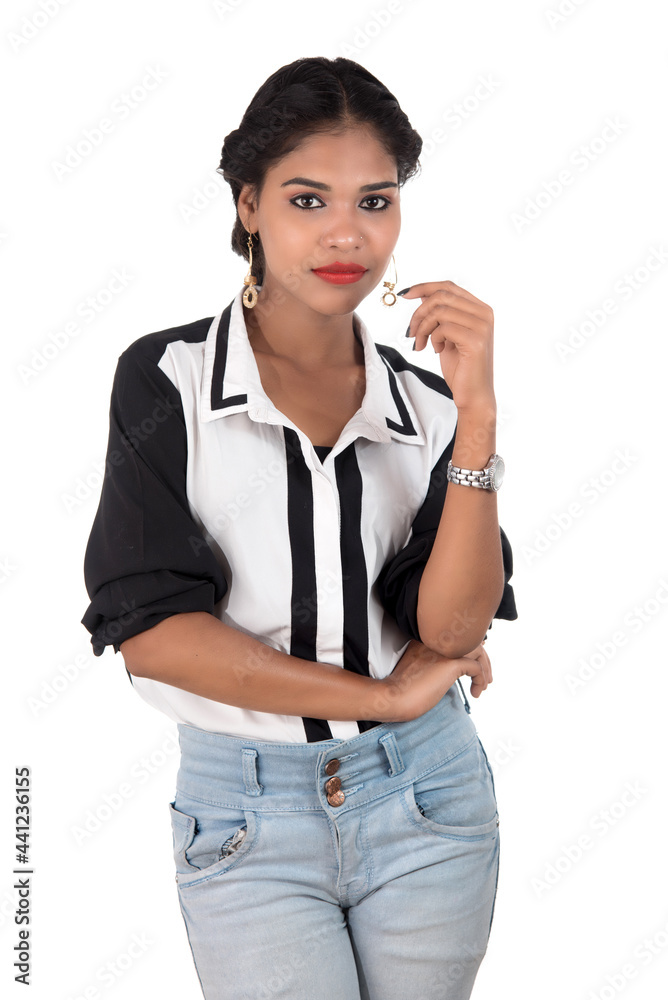Portrait of beautiful young smiling girl posing on white background Portrait of beautiful young smiling girl posing on white background
