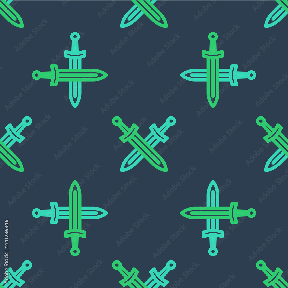 Fototapeta premium Line Crossed medieval sword icon isolated seamless pattern on blue background. Medieval weapon. Vector
