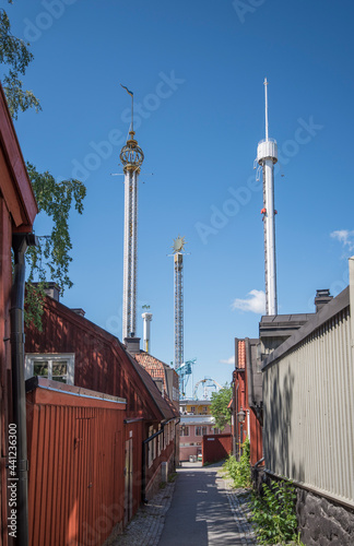 Stockholm amusement parks tower and the old district Djurgårdsstaden in the island Djurgården