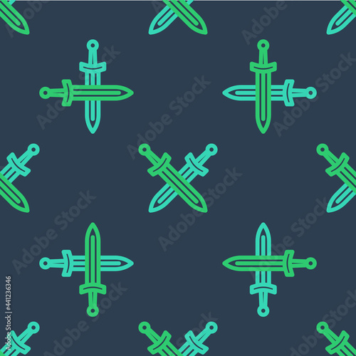 Line Crossed medieval sword icon isolated seamless pattern on blue background. Medieval weapon. Vector