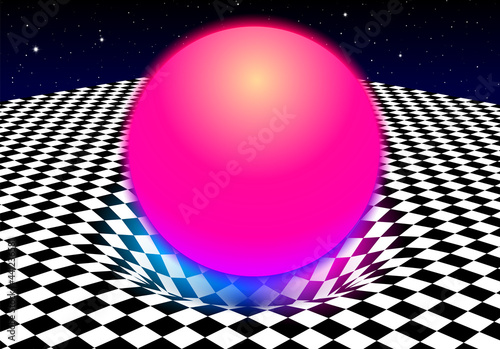 Abstract checkered board background with red ball and gravity effect on the pit or hole on the floor. Vaporwave or synthwave 80s styled illustration.