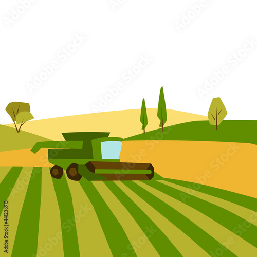 Combine harvester on wheat field. Agricultural illustration farm rural landscape.