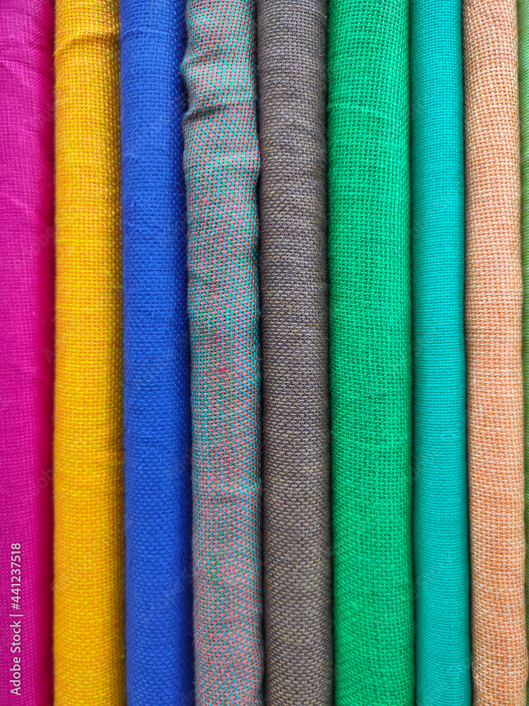 Colored Cloth fabrics close up in Shop, Materials for sewing, display at a local market in India