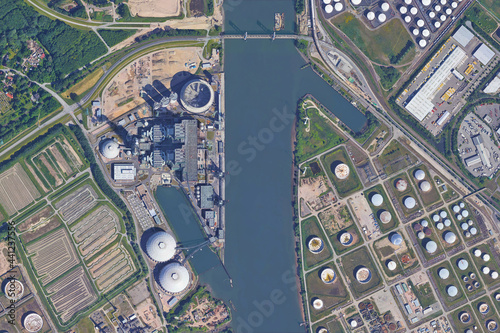 Vattenfall Moorburg Thermal Power Plant, looking down aerial view from above, bird's eye view Moorburg Coal Power Station, Hamburg, Germany photo