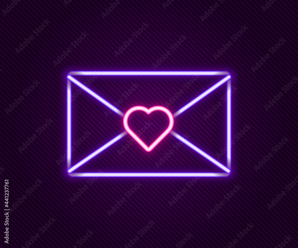 Glowing neon line Envelope with Valentine heart icon isolated on black background. Message love. Letter love and romance. Colorful outline concept. Vector Glowing neon line Envelope with Valentine heart icon isolated on black background. Message love. Letter love and romance. Colorful outline concept. Vector