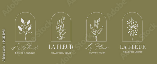 Logo design template and monogram concept in trendy linear style with arch - floral frame with copy space for text or letter - emblem for fashion, beauty and jewellery, Wedding invitation, socia.