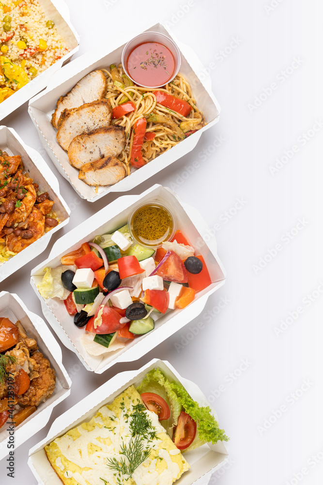 Delivery of food in containers on a white background