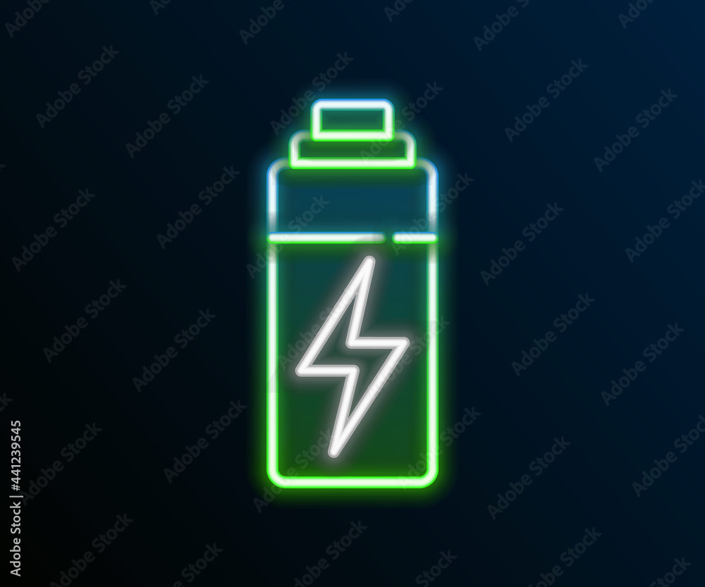Glowing neon line Battery icon isolated on black background. Lightning bolt symbol. Colorful outline concept. Vector Glowing neon line Battery icon isolated on black background. Lightning bolt symbol. Colorful outline concept. Vector