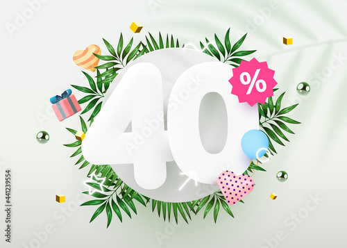40 percent Off. Discount creative composition. Summer sale 40% banner with decorative objects, palm leaves and gift box. Sale banner and poster.