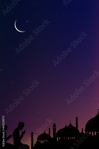 Canvas Print Eid Mubarak card with Mosque silhouette,Ramadan Kareem with prayer and mosque, M