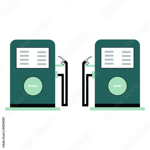 Fuel filling machine for automobiles in a gas station. Petrol and diesel filling machines for automobiles with nozzle.