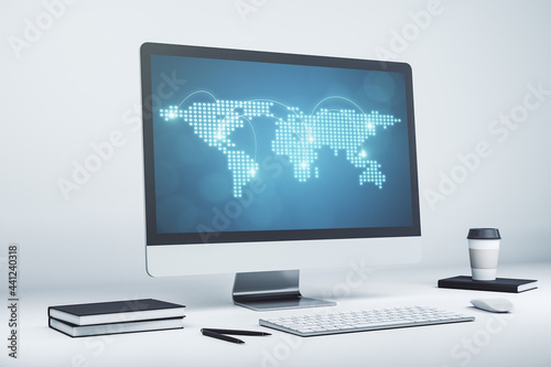 Abstract creative world map with connections on modern laptop screen, international trading concept. 3D Rendering