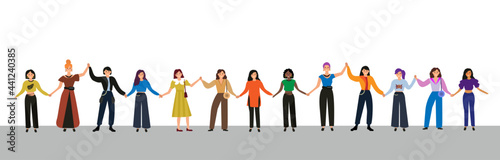 People hold hands banner. Group of young fashion women activists standing together and holding hands. Girl's Power feminism concept. Vector illustration