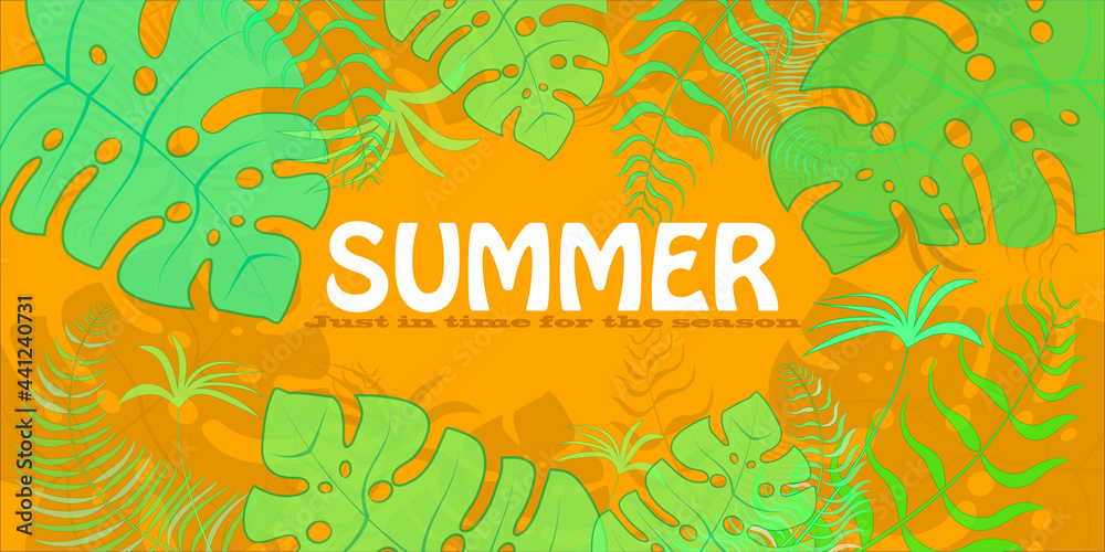 Orange summer banner with tropical plants. Vector illustration.