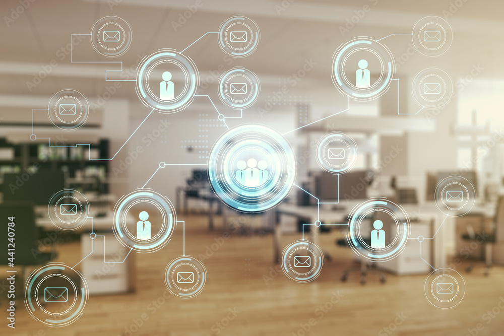 Obraz premium Double exposure of abstract virtual social network icons on modern corporate office background. Marketing and promotion concept