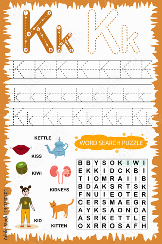 educational worksheet for children learning the English alphabet. Handwriting and crossword puzzle game for memorizing words. Letter K