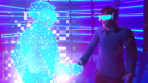 Man wear virtual glasses is shaking hand with hologram graphic in cyberspace area , futuristic communication scifi concept. 3D rendering picture.