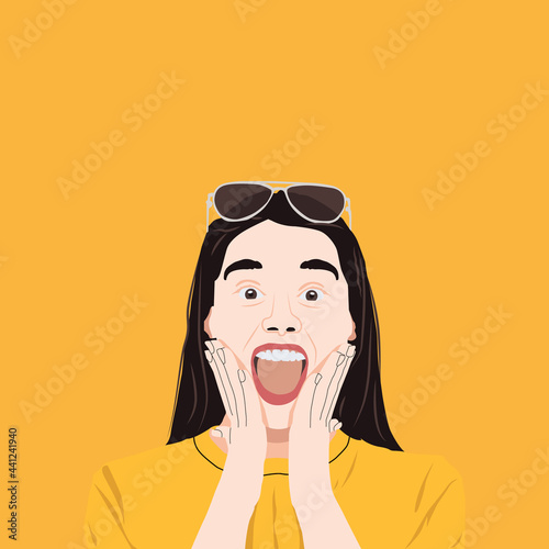 Illustration cartoon surprised expression women on yellow background