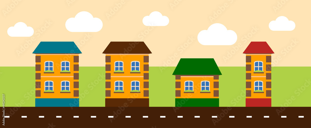 City street with houses. Cartoon illustration
