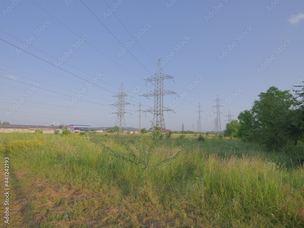 electric power lines over green landscape and road