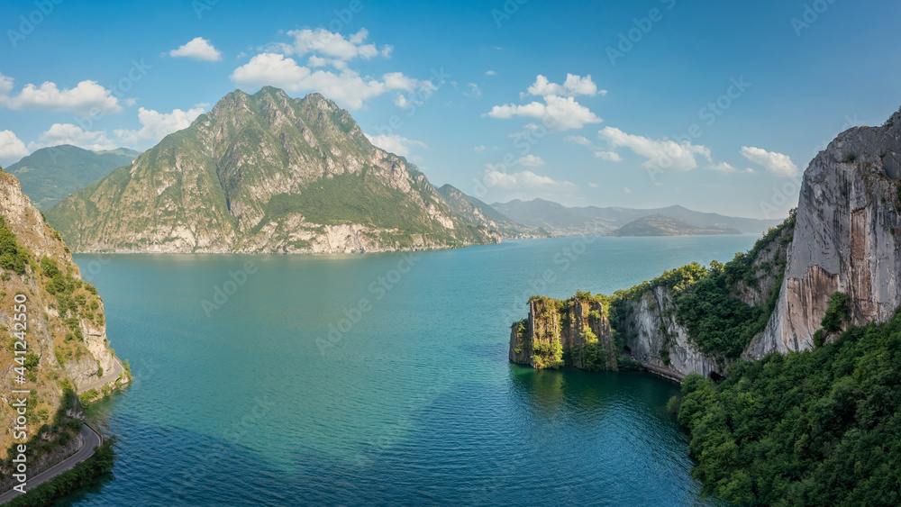 Aerial view of Iseo lake, on the right Bay of Bogn  near Lovere, Bergamo Italy.