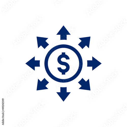 Dollar currency share network. Money sign with multiple arrows icon design isolated on white background. Vector illustration