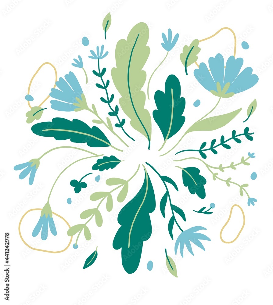 Fleurs De Printemps Dessin Couleur Illustration explosion de fleurs, plantes, feuilles. Dessin coloré sur la nature. Saison printemps et été. Couleurs douces. Illustration Stock | Adobe Stock