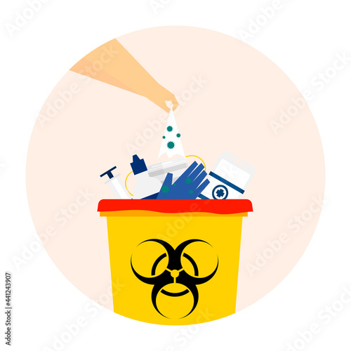 Throw a contaminated tissue paper to a biohazard bin. The biohazards waste management concept. Infection control and prevention.