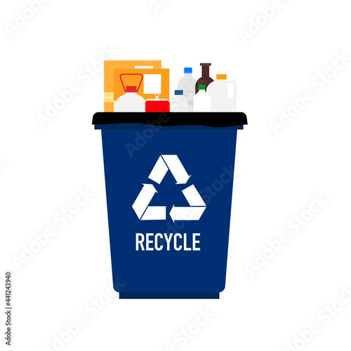 Cartoon of a recycle bin with recycle waste on white background.