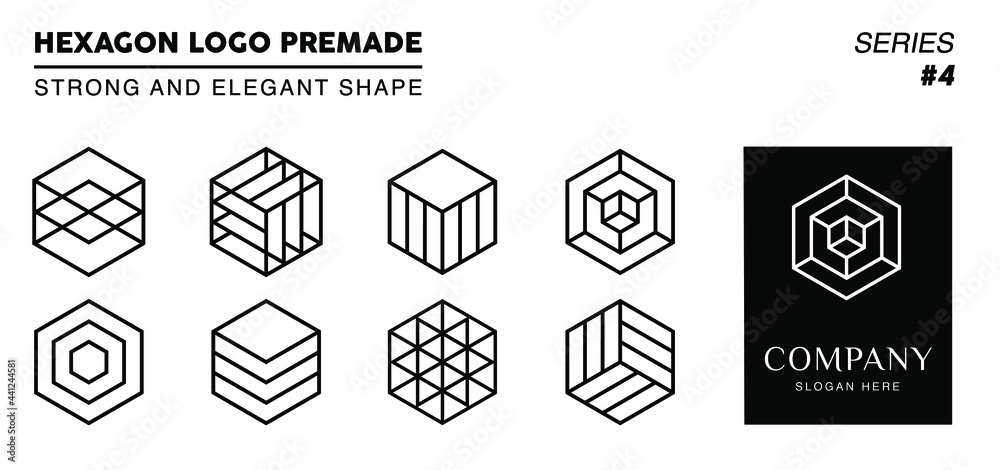 Black and white monogram hexagon logo, 8 collection hexagon logo line art with 1 logo template.
Black and white monogram hexagon logo, 8 collection hexagon logo line art with 1 logo template.