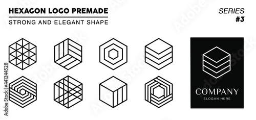 Black and white monogram hexagon logo, 8 collection hexagon logo line art with 1 logo template. 
